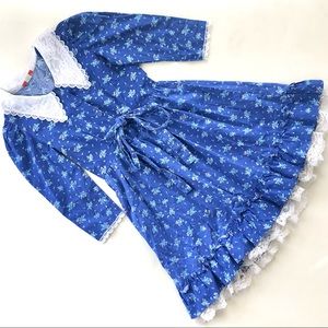 Vintage 70’s Girls Blue Floral and Lace Prairie Dress